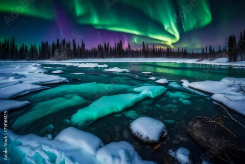 A frozen stream of water transforms into a glittering masterpiece under the vibrant hues of the northern lights © Rao