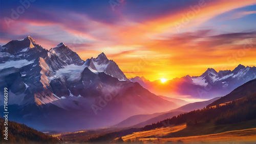 a snow mountain peak and the sunrise view 