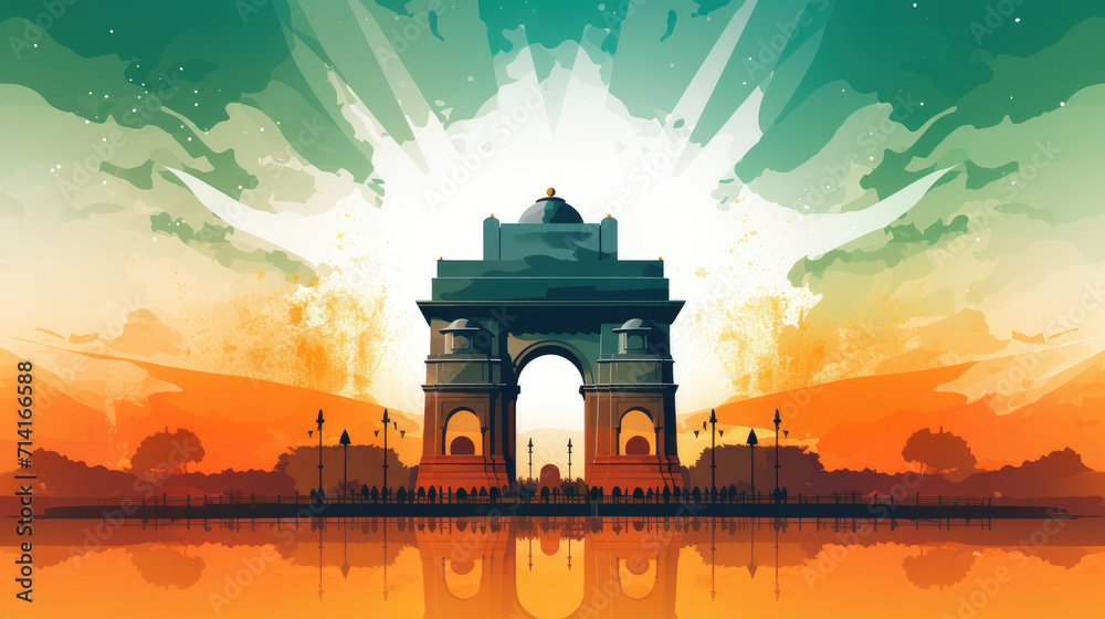 India gate, Delhi background in orange, white, green colors Independence Day of India. Generative ai - obrazy, fototapety, plakaty 