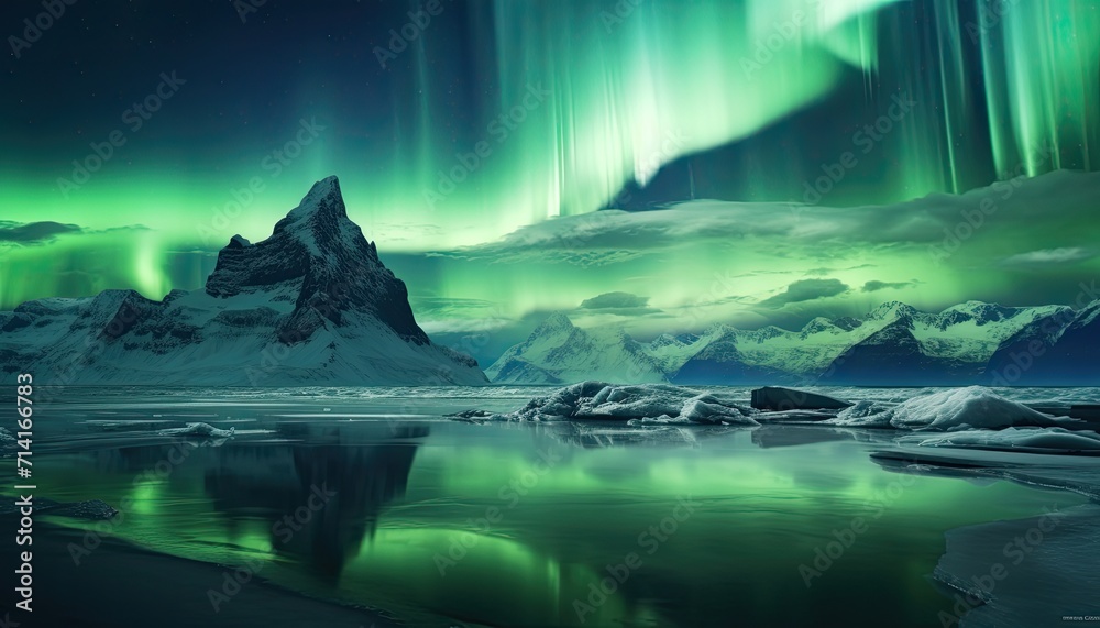 View of night sky with multicolored aurora borealis and snowy mountains peak background. Night glows in vibrant aurora reflection on the lake with forest. 