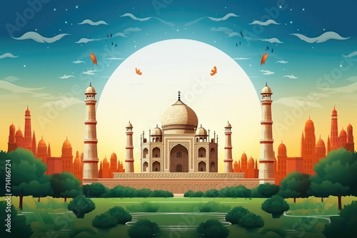 India Taj Mahal illustration from flag colors, Indian Independence Day. Generative ai