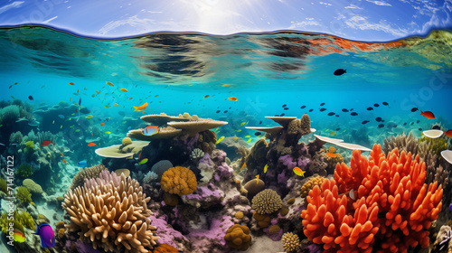 A breathA breathtaking photo of a vibrant coral reef teeming with marine life, vivid colors of corals, and a variety of fish showcasing the beauty and importance of the underwater ecosystem.