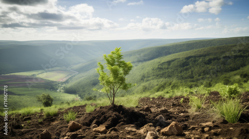 A captivating photo of a successful reforestation project, transforming a barren landscape into flourishing trees and greenery, showcasing the impact of environmental restoration and conservation. © Игорь Зубченко