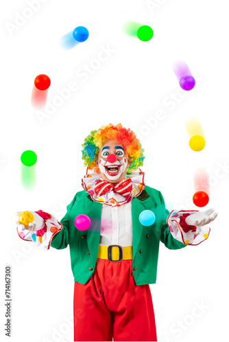 Funny clown ball juggling. Entertainer Joker in colorful suit and wig. Buffoon with clown whiteface makeup. Pantomime, mime. Professional actor at event, children's party, circus.