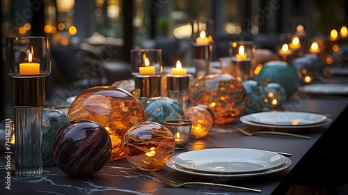 Glass candles of varying heights and shapes as a centerpiece on a marble dining table, creating a sophisticated ambiance.