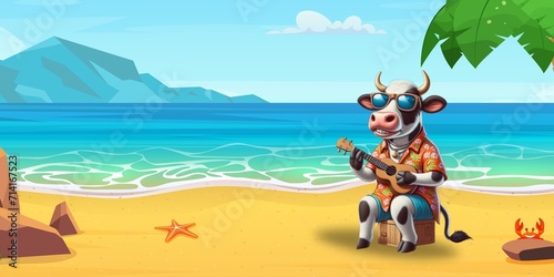 Cow on vacation Beach holidays cow drinking cocktail on beach maldives bahamas cow playing guitar music ukulele chilling relaxing cow meme Beach please kids book cover banner poster digital art calf © Anuja
