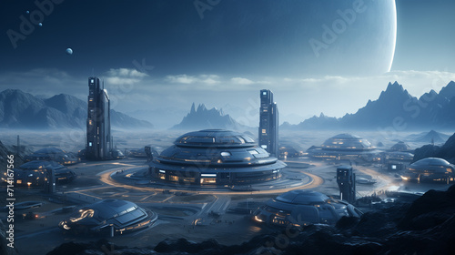 A captivating photo of a futuristic space colony on a distant planet, representing personal growth through advanced technology, scientific achievement, and exploration. photo