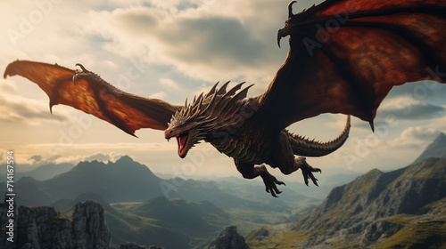 A captivating photograph capturing a mythical dragon in flight over a surreal, dreamlike landscape, showcasing the mythical creature and the imaginative journey into a world of legends photo