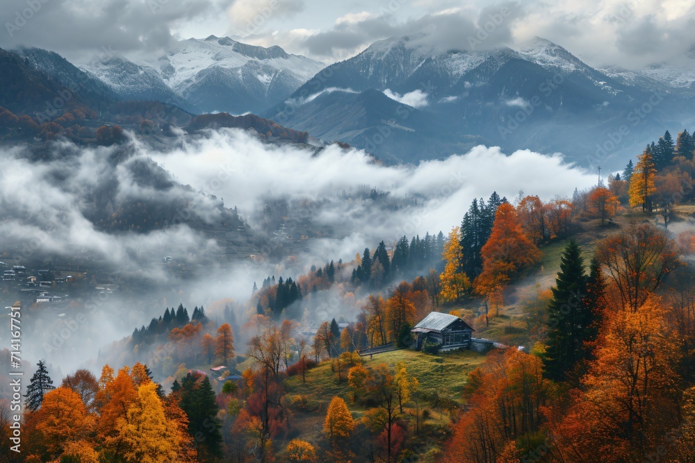beautiful mountain view with autumn fog