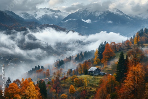 beautiful mountain view with autumn fog