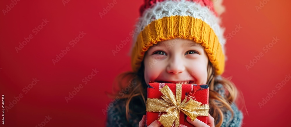 Curious child in funny hat smirks, wonders what's hidden in festive box with gift.