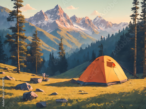 Camping in the mountains. Summer landscape with a tent and a backpack. © wannasak