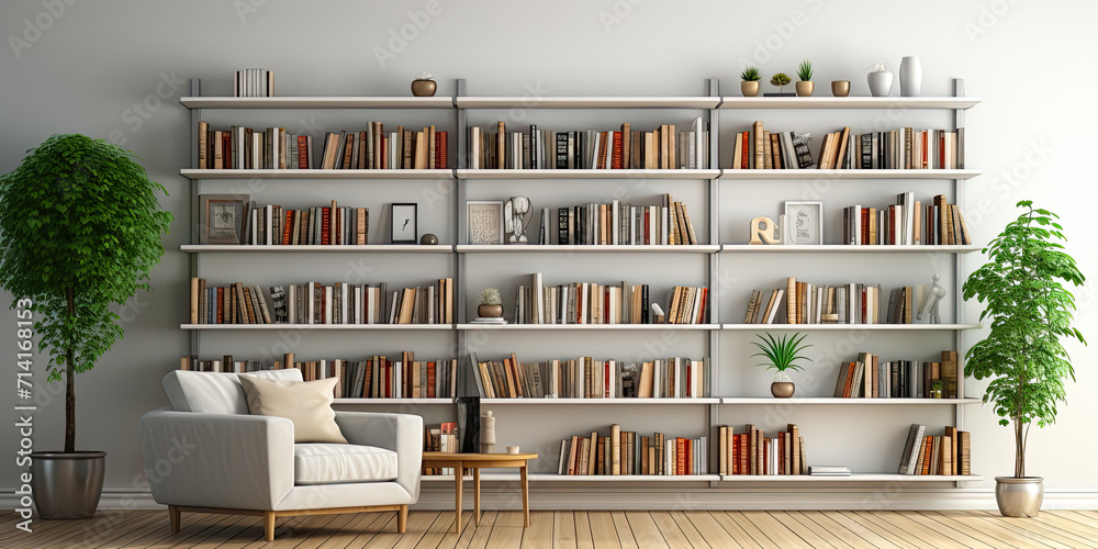 Home library with bookshelves on the wall - obrazy, fototapety, plakaty 