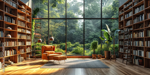 Home library with bookshelves on the wall, panoramic windows