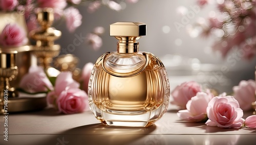 Bottle of perfume with rose flowers