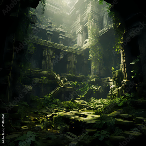 Ancient ruins in a mystical overgrown jungle.  © Cao