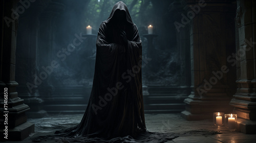 In a crypt, a hooded figure performs a ritual among ancient symbols, draped in black robes. Standing by an obsidian altar, flickering candles create eerie shadows, unveiling secrets of darkness. photo