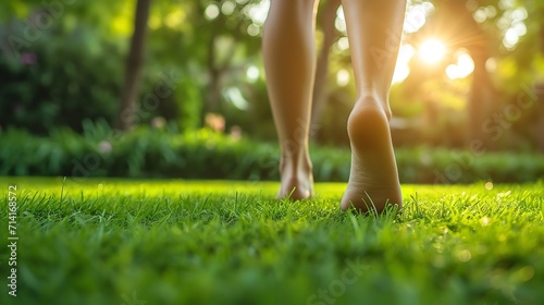 A close-up view of a woman strolling barefoot across verdant lawn with sun rays, space, Generative AI. photo