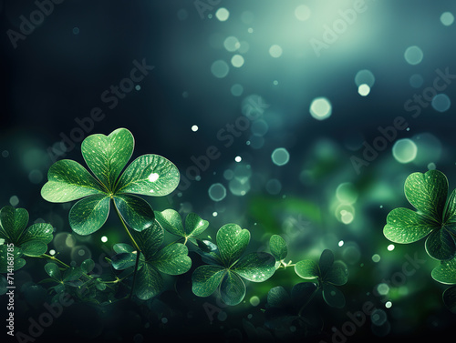 Beautiful Green Leaves Of Three And Four Leaf Clover Bokeh Light With Glitter Dust