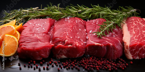 beef steaks with spices Ribeye steak with peppercorn and rosemary isolated Savor the raw beauty, Tender beef with spices Beef filet mignon steaks with herb and lemon pieces on dark background.