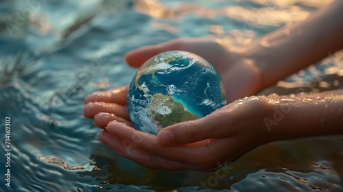 A hand holding globe, world water day concept to promote environmental protection, Generative AI.