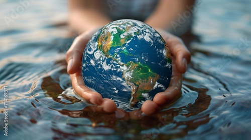 A hand holding globe, world water day concept to promote environmental protection, Generative AI. photo