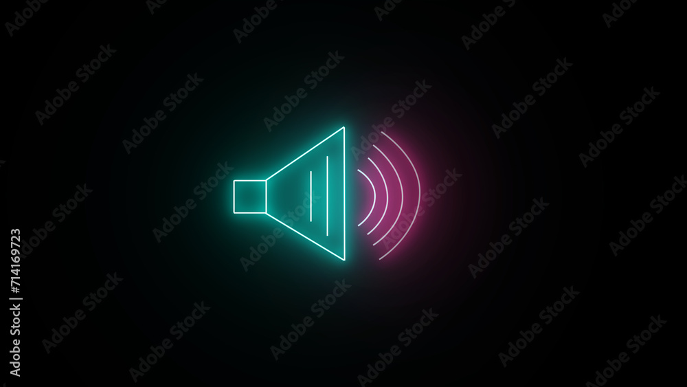 Bright neon ui ux icon on the speaker. Glowing speaker sign on black backdrop. Bright neon ui ux icon on the speaker. Glowing speaker sign on black backdrop.