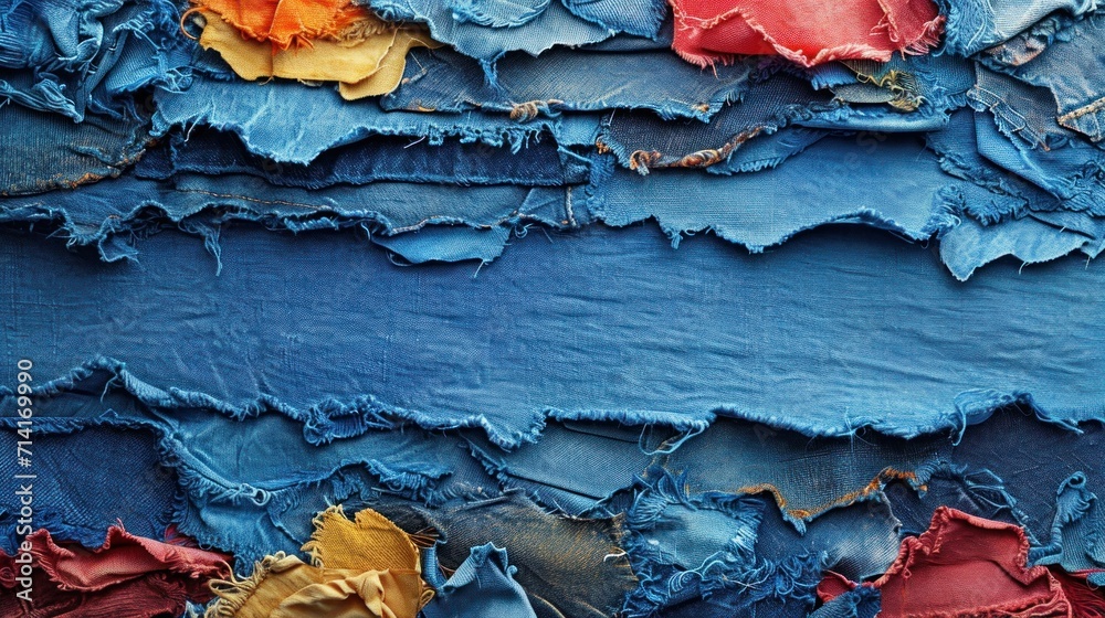  a close up of a piece of cloth that has been torn off and is blue and has red and yellow flowers on the bottom of the edges of the fabric. - obrazy, fototapety, plakaty 