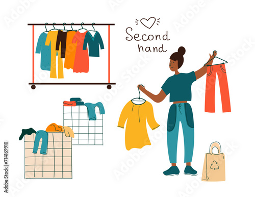 Girl customer buying clothes.  Woman shopping in flea market or second hand shop.  Vintage shop. Slow fashion. Eco sustainable fashion concept.Cheap garage sale, second hand shop. Flat vector cartoon 