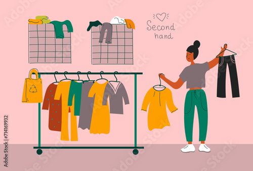 Girl customer buying clothes.  Woman shopping in flea market or second hand shop.  Vintage shop. Slow fashion. Eco sustainable fashion concept.Cheap garage sale, second hand shop. Flat vector cartoon 