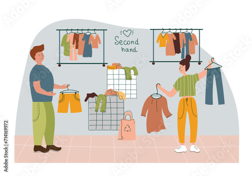 Family customer buying clothes.  Couple shopping in flea market or second hand shop. Eco sustainable fashion concept. Cheap garage sale, second hand shop. Flat vector cartoon illustration