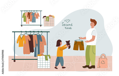 Family customer buying clothes.  Couple shopping in flea market or second hand shop. Eco sustainable fashion concept. Cheap garage sale, second hand shop. Flat vector cartoon illustration