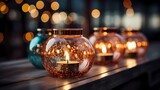 Soft-focus image of glass candles in a dimly lit room, emphasizing the serene and contemplative mood of the space.