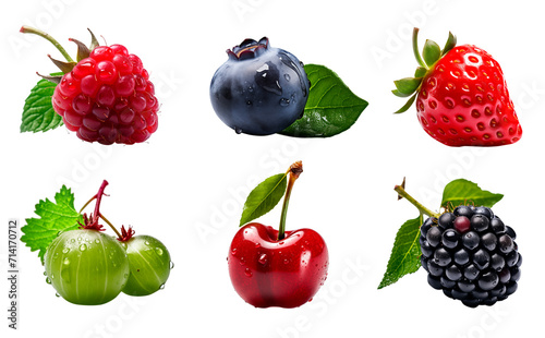 Berries set with transparent background PNG. Gooseberry  Bilberry  Blackberry  Strawberry  Raspberry  Cherry. Generative AI