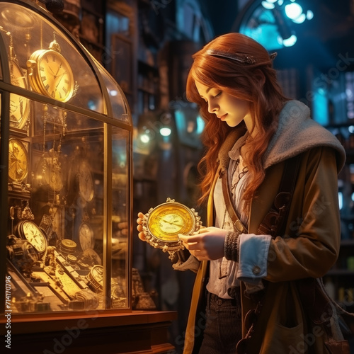  Red hair girl inside a night Parisian watch shop in steampunk style, with yellow and blue backlighting, hyper realistic. Created with Generative AI, no one recognizable. Not a real person