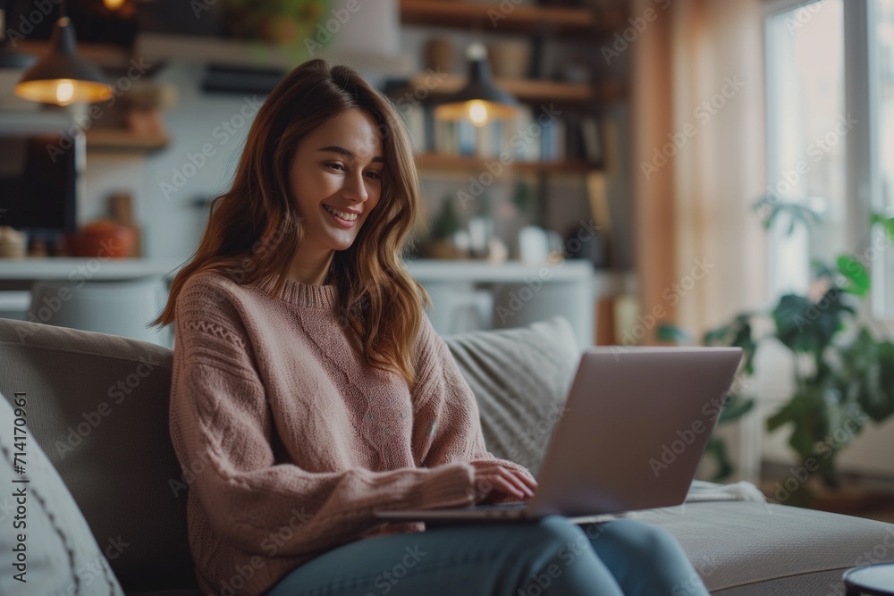 Woman Relaxing with Laptop in Comfortable Home Setting Woman Relaxing with Laptop in Comfortable Home Setting
