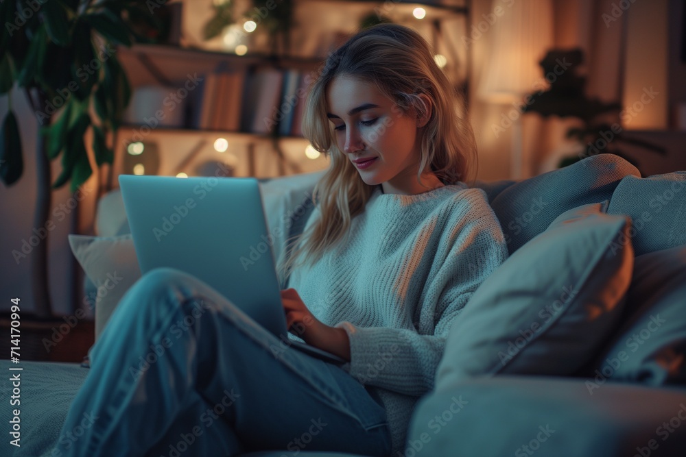 Woman Relaxing with Laptop in Comfortable Home Setting Woman Relaxing with Laptop in Comfortable Home Setting