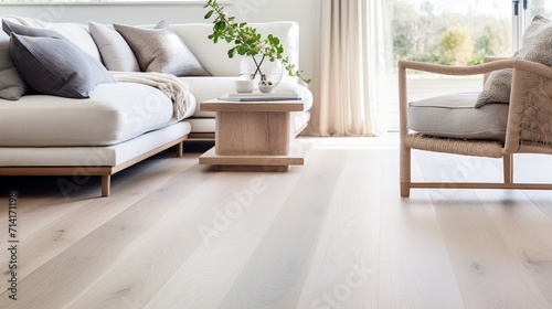 Close-up of a light oak engineered hardwood floor in a Scandinavian-style living room, with a clean and natural finish