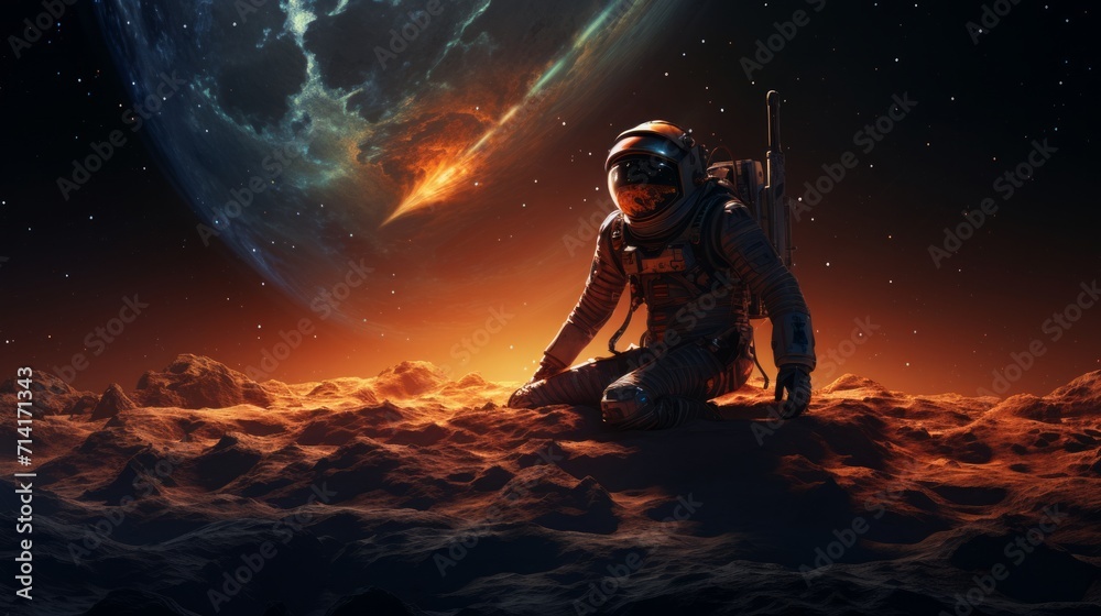 A man wearing a space suit is seen sitting on the ground - obrazy, fototapety, plakaty 
