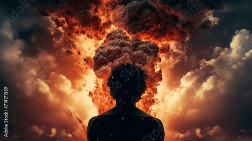 A dramatic man's face silhouette, with a powerful volcano erupting from his head, symbolizing explosive ideas and creativity photo