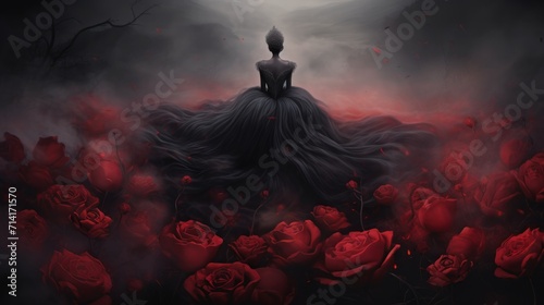 Portrait of Woman in Black Dress Surrounded by Roses