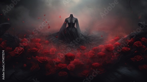 Woman's Mannequin With Black Dress Standing in Field of Red Roses Flowers