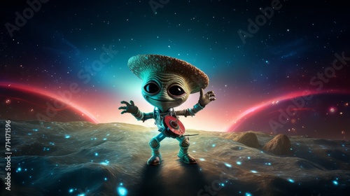A playful scene showing an alien grooving to unseen music, set against the backdrop of a starlit space