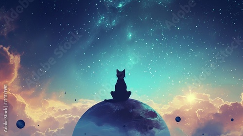 Cat Sitting on Planet in the Cosmic Space photo