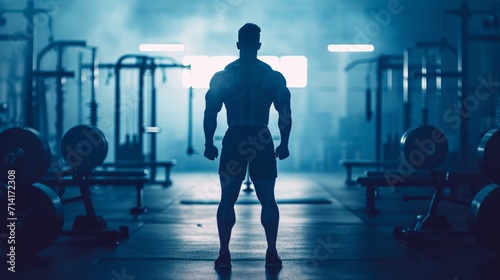 A powerful silhouette of a man in a gym, displaying strength and dedication to fitness