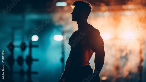A powerful silhouette of a man in a gym, displaying strength and dedication to fitness