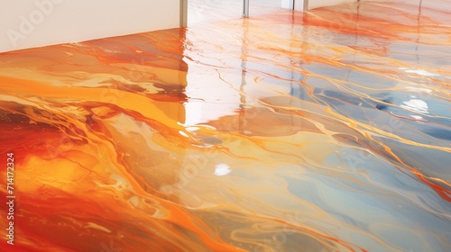 Close-up of a modern epoxy resin floor in an art gallery, with a glossy, seamless surface reflecting abstract paintings