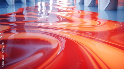 Close-up of a modern epoxy resin floor in an art gallery, with a glossy, seamless surface reflecting abstract paintings