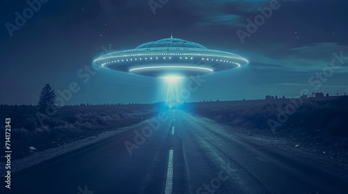Alien Spaceship Flying Over Highway at Night