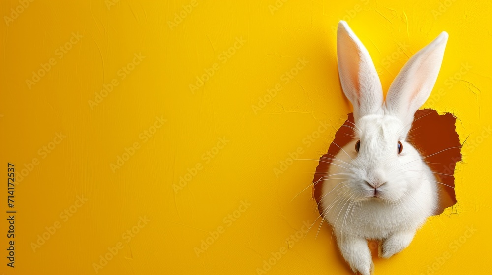 White Easter bunny poster peeking out of a hole in the yellow wall with copy space - obrazy, fototapety, plakaty 